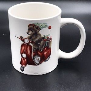 Vintage Christmas Mug With Bear & Hedgehog On Red Scooter 12oz - IQ Acce…